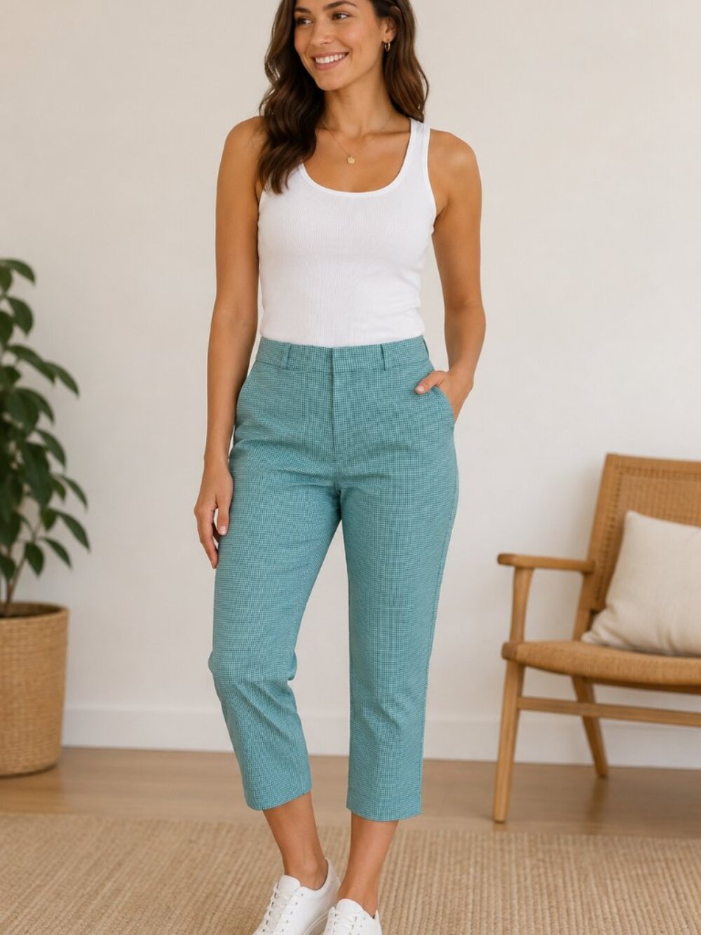 Banana Republic Sloan Fit Cropped Ankle Pants Women's Size 4 Green White Career